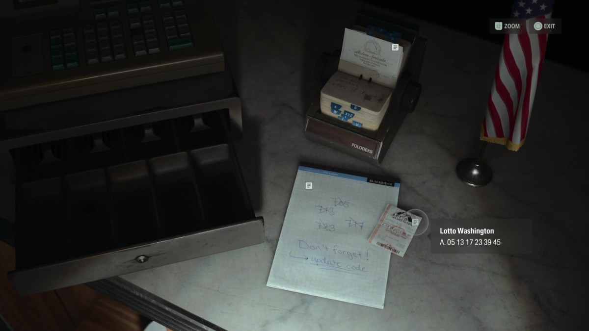A piece of paper and a lotto ticket next to a cash register.